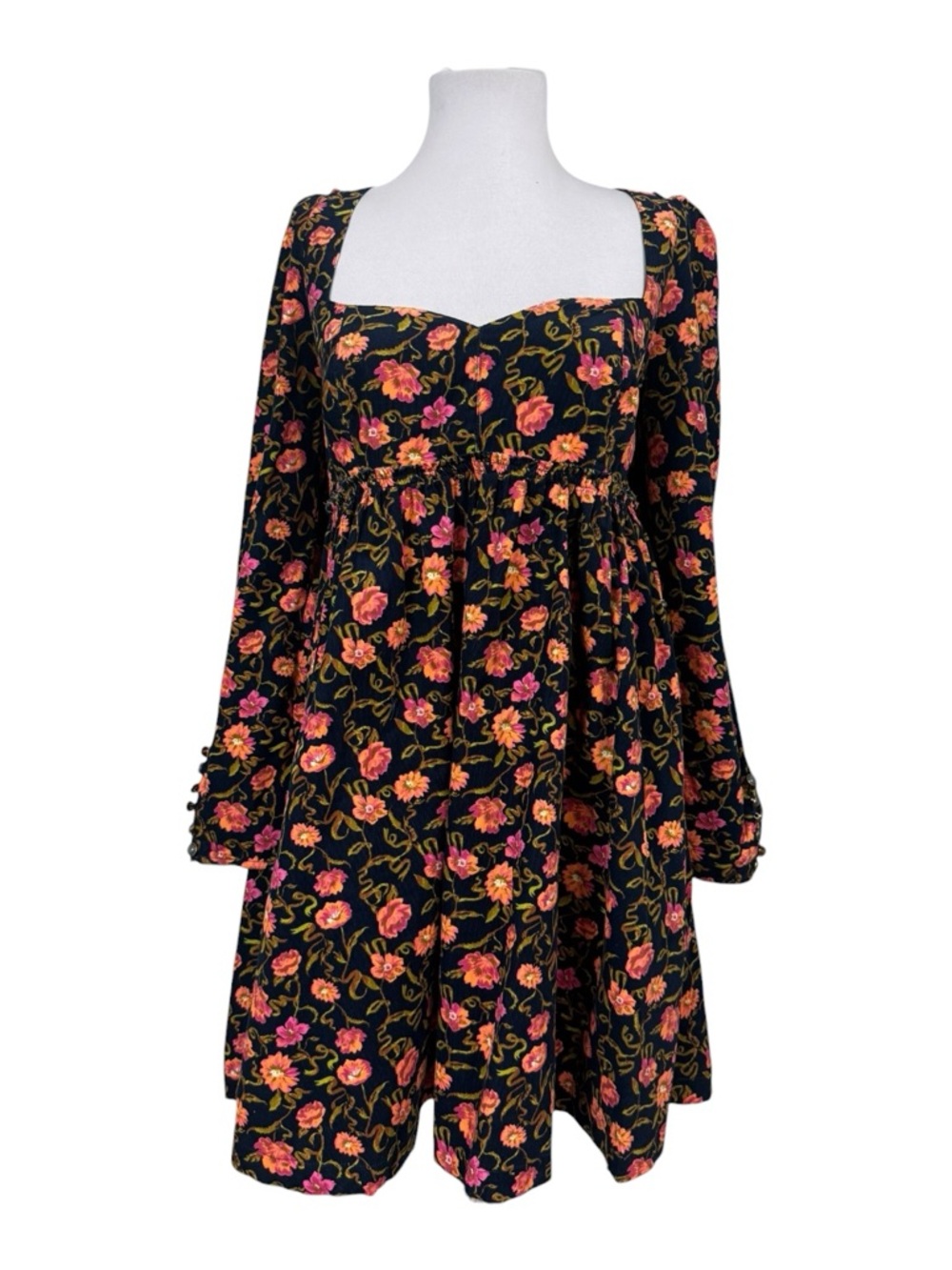 Free People Large Bessie Babydoll Mini Dress Corduroy Floral Sweetheart Neck